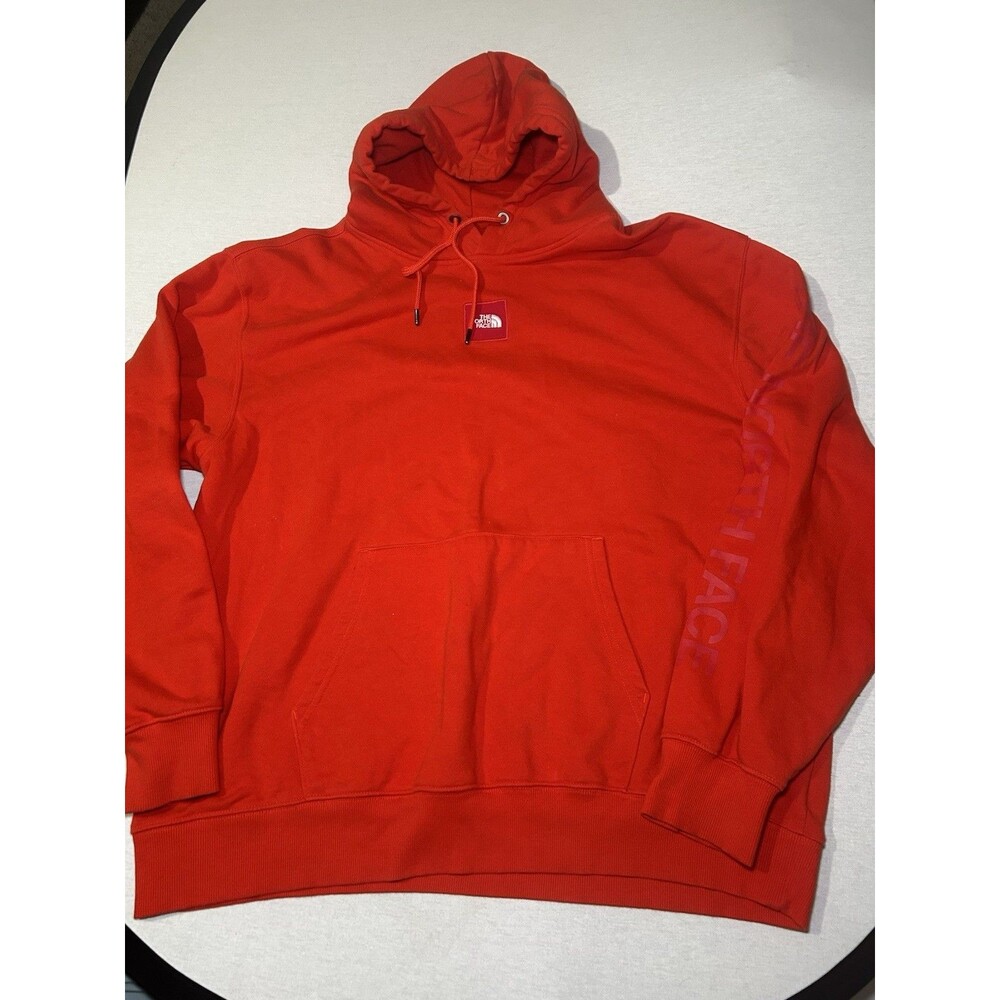 The North Face bright red pullover hoodie XL, large vertical logo on sleeve